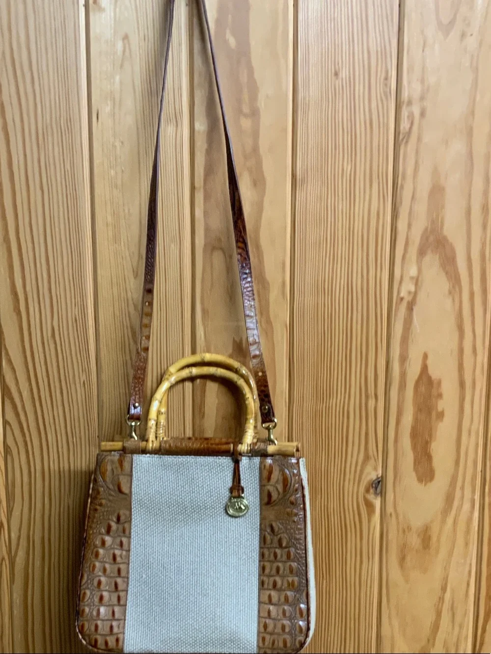 Brahmin Brown & Cream Leather-Trim Crossbody Bag with Bamboo Handles